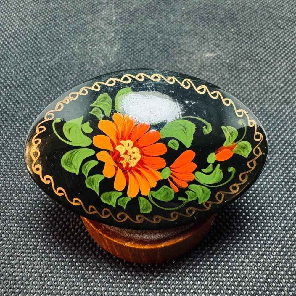 Antique Hand Painted Flower Design Floral Wooden Brooch Size 2.5'' Length